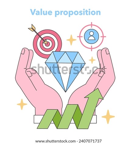 Value proposition concept. Two hands uplift a shimmering diamond while an arrow hits the target and a user icon emerges. Representing quality assurance, targeted approach, and customer focus