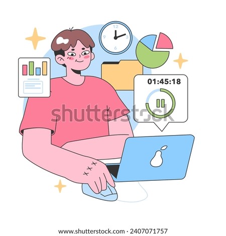 Efficient work concept. Young professional using laptop, surrounded by charts, graphs, and a clock, focusing on task and tracking time. Seamless productivity in action. Flat vector illustration