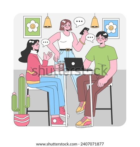 Friends catching up in a cozy cafe setting. Animated discussions, coffee sips, and shared laughter amid modern decor elements. Capturing candid moments. Flat vector illustration