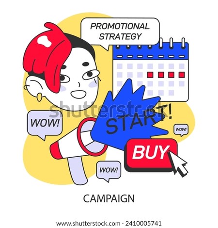 Kickstart campaign concept. Dynamic advertising strategy and consumer engagement to boost sales. Persuasive call to action with a vibrant design. Flat vector illustration.
