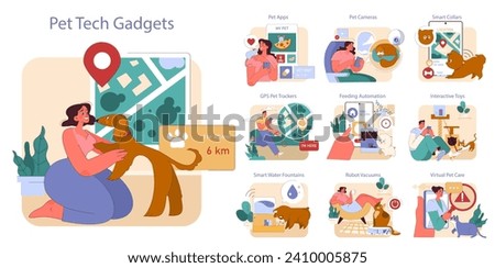 Pet Tech Gadgets set. Innovative technology for pet care and engagement. Features GPS trackers, interactive toys, smart collars. Modern pet ownership essentials.