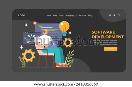 Software development web banner or landing page dark or night mode. Coding, back-end and front-end engineering or programming. Software script and algorithm development. Flat vector illustration