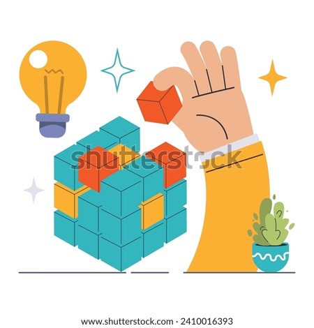 Delving into Micro-Niches. Hand strategically places cubes, symbolizing focused market segmentation. Bright idea for targeted marketing shines overhead. Mastery in niche strategy. vector illustration