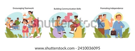 Child development set. Children and parents working on cooperative skills, effective dialogue, and self-reliance. Visual education on teamwork, communication, autonomy. Flat vector illustration