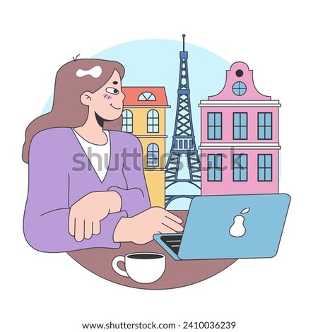 Bleisure travel. Business and sightseeing trip. Workation, digital nomad working globally. Combined leisure with professional business tasks abroad. Flat vector illustration