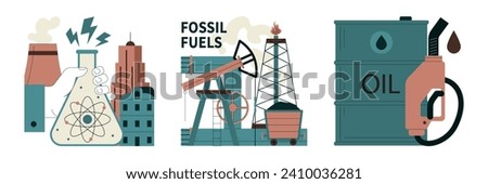 Fossil fuel set. Fossil resources extraction and its impact on climate change. Reliance on non-renewable energy sources. Earth raw materials depletion. Flat vector illustration