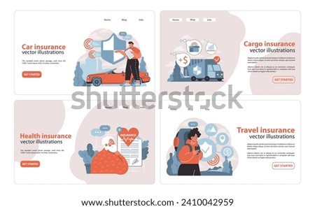 Insurance selection set. Modern interface showcasing car, cargo, and travel insurance. Interactive visuals for policy selection and information. Flat vector illustration.