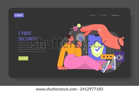 Cyber Security concept. Woman confidently interacts with security features, safeguarding digital data. Large hand gestures assurance. Shield signifies protection. Flat vector illustration.