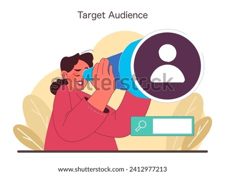 Target Audience concept. A vibrant portrayal of market analysis and customer focus, with a figure magnifying the ideal client profile. Effective outreach and search represented. vector illustration
