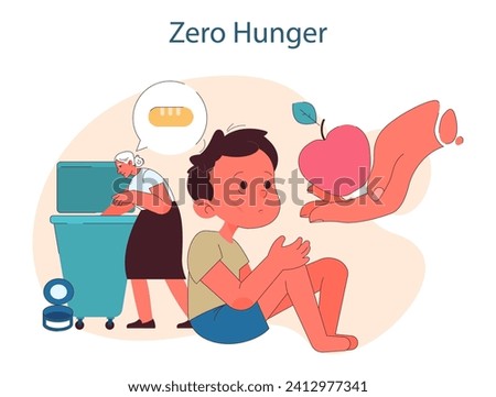 Zero Hunger. Addressing food insecurity and nourishment needs. Global target for better future. Food security and improved nutrition. Flat vector illustration