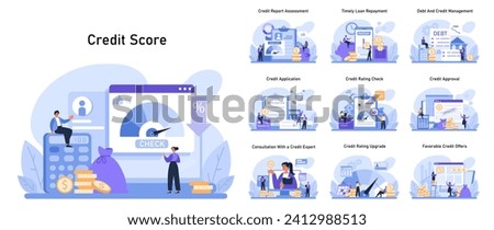 Credit Score Concept. Comprehensive financial health analysis through credit report assessment, timely loan repayment, and effective debt management strategies. Flat vector illustration