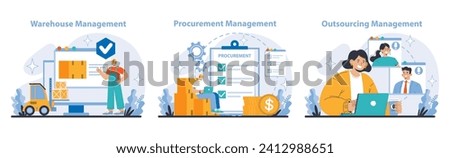 Logistics and Inventory Management set. Illustrates warehouse organization, smart procurement strategies, and effective outsourcing operations. Flat vector illustration.