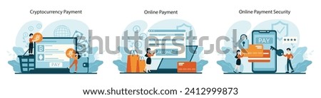 Payment Methods set. Showcasing cryptocurrency transactions, online purchases, and security features. Embracing the digital age of finance. Flat vector illustration