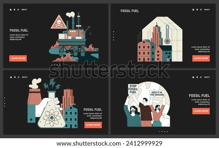 Fossil fuel dark or night mode web or landing set. Fossil resources extraction and its impact on climate change. Reliance on non-renewable energy sources. Earth depletion. Flat vector illustration