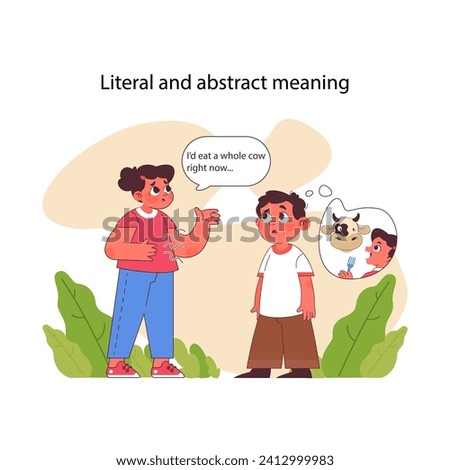 Literal and abstract meaning concept. Hungry girl talking to confused boy. Navigating nuances of expression and interpretation. Encouraging clarity and perspective in communication. Flat vector