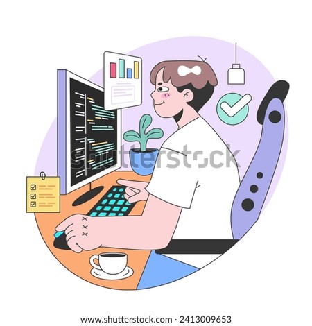 Focused developer concept. A man engrossed in coding on dual screens, managing tasks, and analyzing data. Sipping coffee in a cozy workspace. Productive work routine. Flat vector illustration