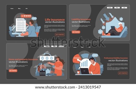 Comprehensive insurance set. Interactive web panels for life, liability, home, and professional coverage. In-depth policy details for informed decisions. Flat vector illustration.