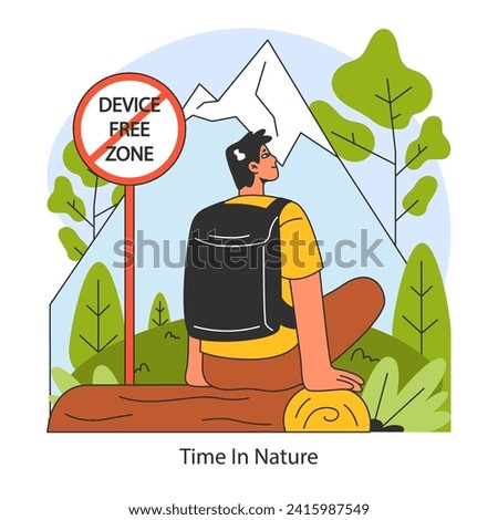 Dopamine fasting concept. Embracing solitude and nature tranquility away from devices. Celebrating device-free zones. Flat vector illustration.