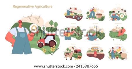 Regenerative Agriculture set. Sustainable farming practices and soil health. Organic crop growth, eco-friendly livestock management. Ecological balance and renewable methods.