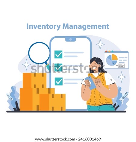 Logistics and Inventory Management concept. Depicts meticulous stock verification and data analytics for optimal warehouse organization. Highlights modern inventory control with a focus on precision.