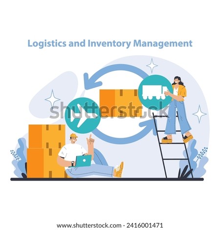 Logistics and Inventory Management concept. Visualizing seamless coordination of storage and transportation in supply chain operations. Features digital tracking and efficient space utilization.