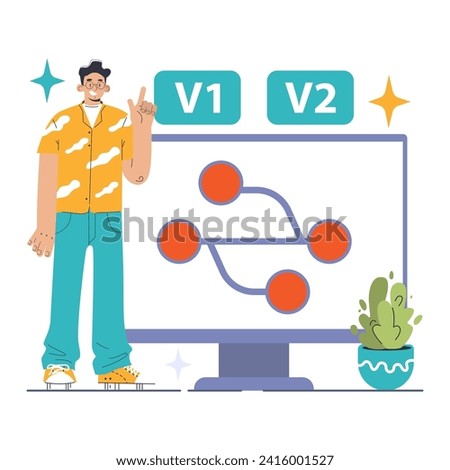 Version Control concept. Trendy developer showcasing progression from V1 to V2 on a monitor, highlighting software updates. Seamless project revisions. Flat vector illustration