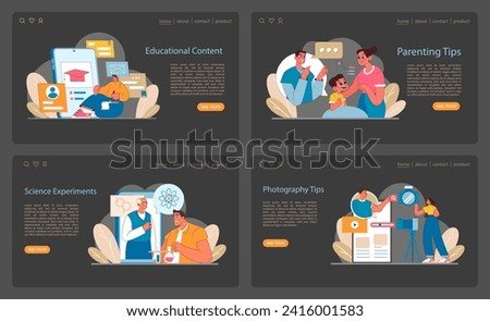 Web Content Creation set. Showcasing educational materials, parenting guides, science, and photography. Engage and inform with vibrant visuals. Flat vector illustration.