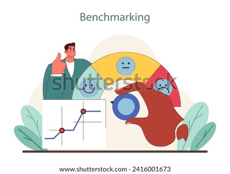 Benchmarking concept. An expert optimizes performance metrics using customer satisfaction and growth charts. Flat vector illustration.