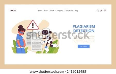 AI in education detecting plagiarism. A robot points out duplication in a student's essay, emphasizing academic honesty. Flat vector illustration.