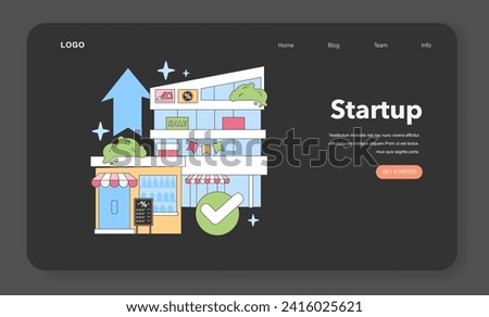 Retail Boost concept. Modern store building showcasing sale items and discount board, with a large upward arrow indicating growth and a checkmark symbolizing success. Flat vector illustration