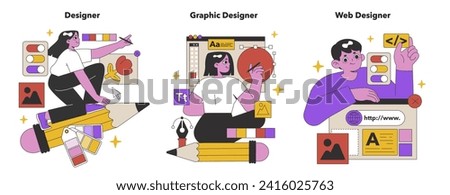 Creative Designers at Work set. Enthusiastic artists engaged in graphic and web design, crafting visuals and interfaces with artistic flair. Flat vector illustration.