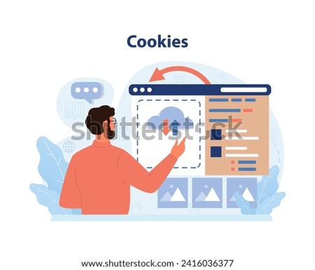 Cookies concept. A focused man interacts with a website, managing the data exchange symbolized by cloud icons, understanding the digital footprint. User's online experience. Flat vector illustration