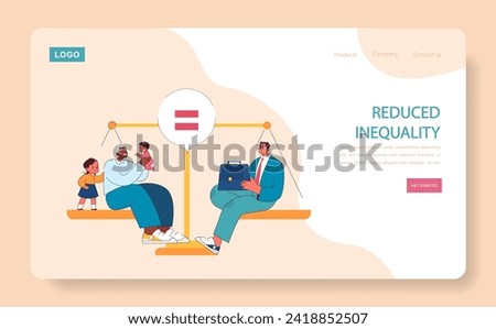 Reduced Inequality web or landing. Balancing scales between diverse social groups for equity and inclusion. Equal opportunities for all. Flat vector illustration