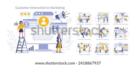 Customer Interaction set. Multifaceted digital marketing strategies. Engagement, support, and content dynamics. Modern communication channels. Vector illustration.