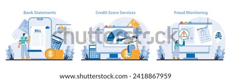 Additional and convenient banking services set. Detailed financial statements, credit score analysis, and vigilant fraud protection. Enhancing financial literacy and safety. Flat vector illustration.
