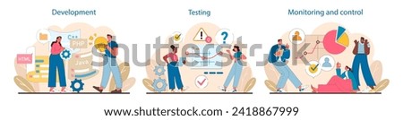 IT project management set. Coding in development, critical analysis during testing, and strategic oversight. Detailed process visualization for successful project management. Flat vector illustration.