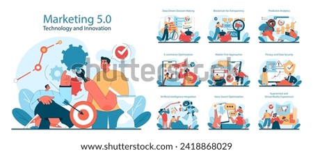 Marketing 5.0 set. Digital innovation and technology in advertising. Data analysis, blockchain, AI integration, and security. Flat vector illustration.