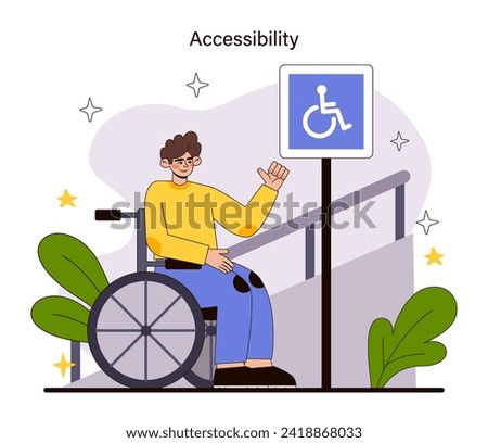 Accessibility concept. A person in a wheelchair greets the day with optimism near an accessibility sign, depicting barrier-free movement and inclusive public spaces. Flat vector illustration.