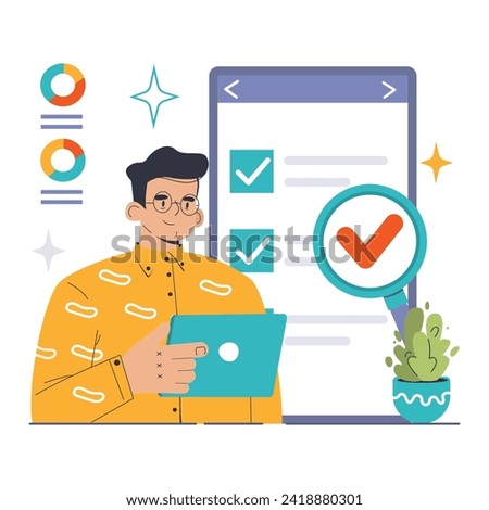 Quality Assurance concept. Expert with clipboard checking off completed tasks, ensuring high standards. Process optimization and project management focus. Flat vector illustration