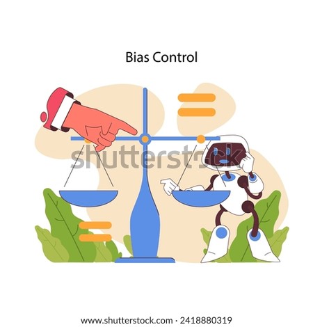 Bias control concept. AI ensures equitable data treatment, fostering fairness in machine learning. Balance in algorithmic decision-making. Unbiased and neutral information. Flat vector illustration