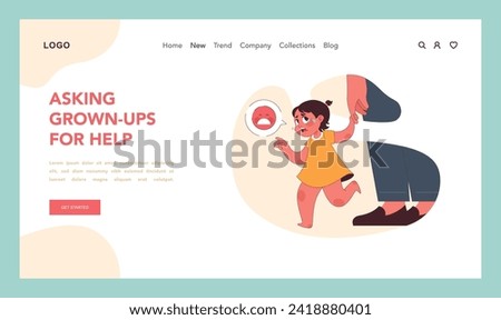 Child seeking assistance concept. A small girl reaches out to an adult for help, expressing her distress with a sad facial icon, highlighting the importance of adult guidance. Flat vector illustration