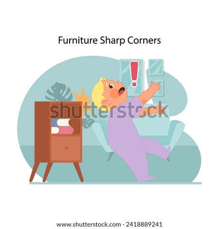 Furniture sharp corners. Toddler shocked, falling on drawer with books inside, risking head injury. Importance of home safety measures. Protecting child from getting hurt. Flat vector illustration