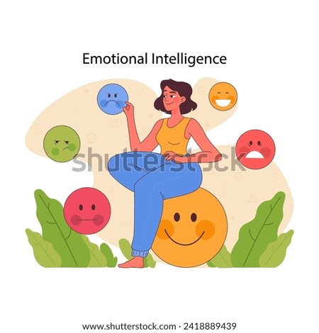 Emotional intelligence concept. Woman balances different emotions, depicting self-awareness and regulation. Insight into affective harmony. Flat vector illustration