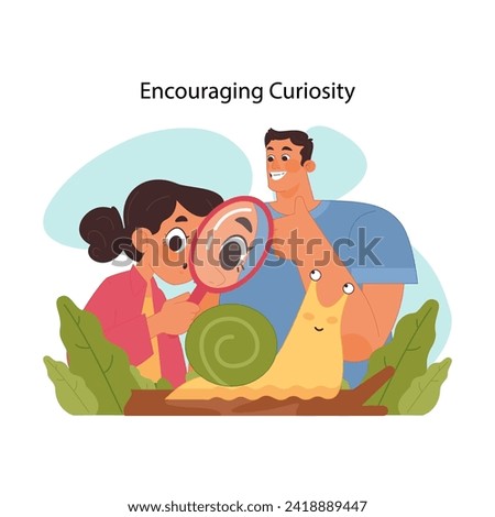 Curiosity in youth concept. Little girl and father exploring snail in wild with magnifying glass. Discovering world and nature wonders. Supporting child thirst for knowledge. Flat vector illustration