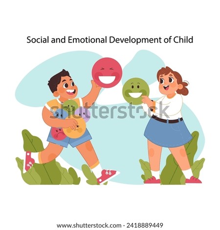 Emotional growth concept. Children expressing feelings with colorful mood emoticons. Improving emotional intelligence and social skills. Recognizing and sharing emotions. Flat vector illustration