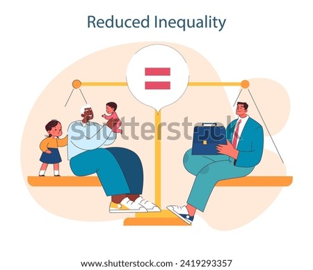 Reduced Inequality. Balancing scales between diverse social groups for equity and inclusion. Equal opportunities for all. Flat vector illustration