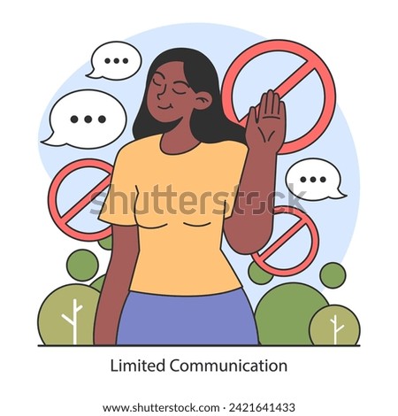 Dopamine fasting concept. Illustration of a woman gesturing 'no' to excessive communication, promoting focused and mindful interaction. Flat vector illustration.