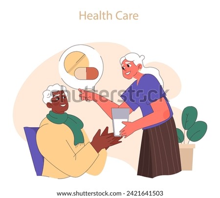 Health care. Elderly woman assisting partner with medication, a tender moment in senior health management. Flat vector illustration