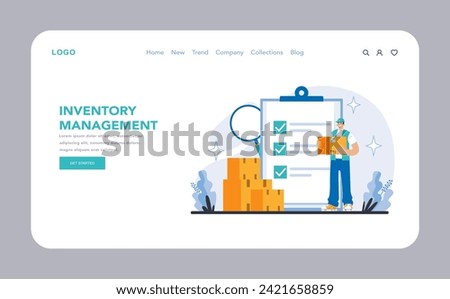 Inventory management web or landing page. Illustrating meticulous inventory management and verification. Organized stock taking and data accuracy. Showcasing systematic warehouse operations.