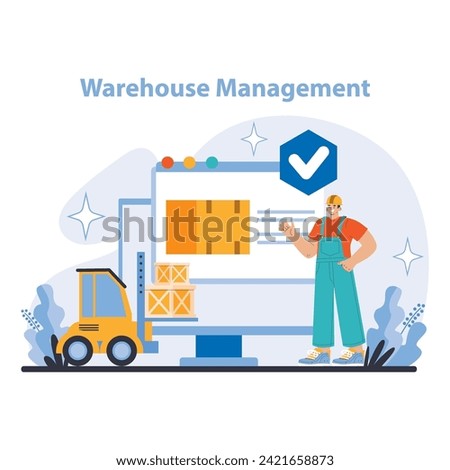 Warehouse Management concept. Showcases organized inventory storage and effective use of monitoring systems for accuracy. Focuses on streamlined warehouse operations with technology.